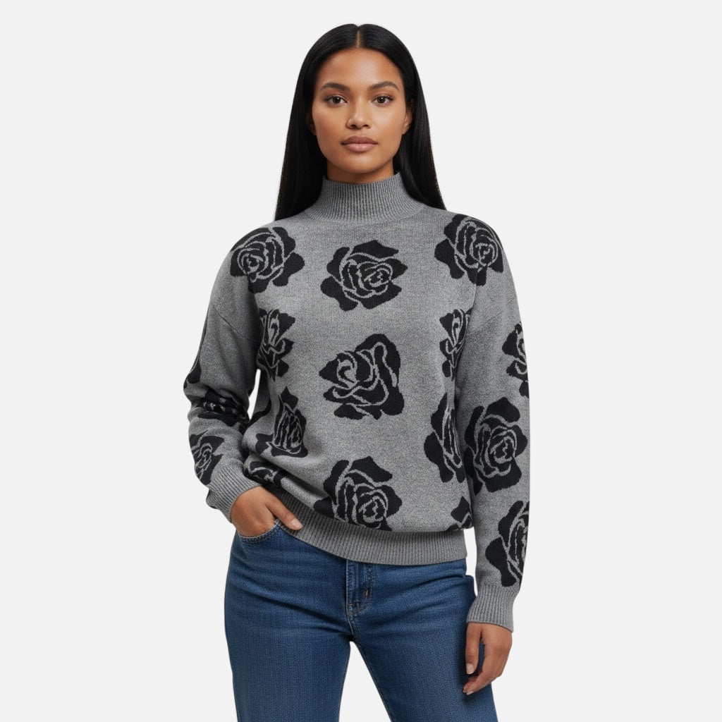 Gray Rose Jacquard Mock Neck Sweater