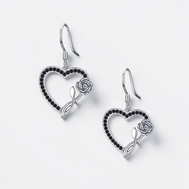 Heart Black Spinel Flower Drop Earrings
