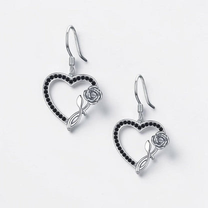 Heart Black Spinel Flower Drop Earrings