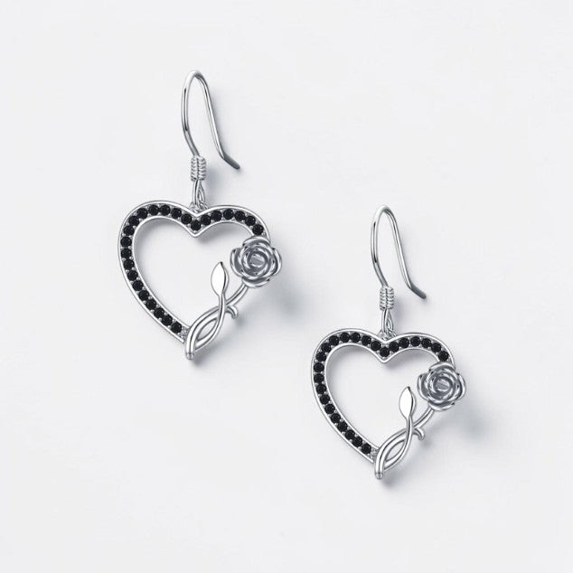 Pendientes colgantes con forma de flor de espinela negra y corazón