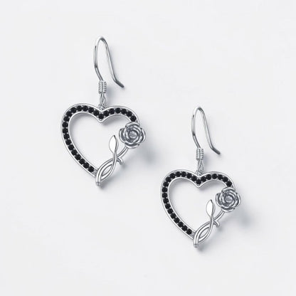 Pendientes colgantes con forma de flor de espinela negra y corazón