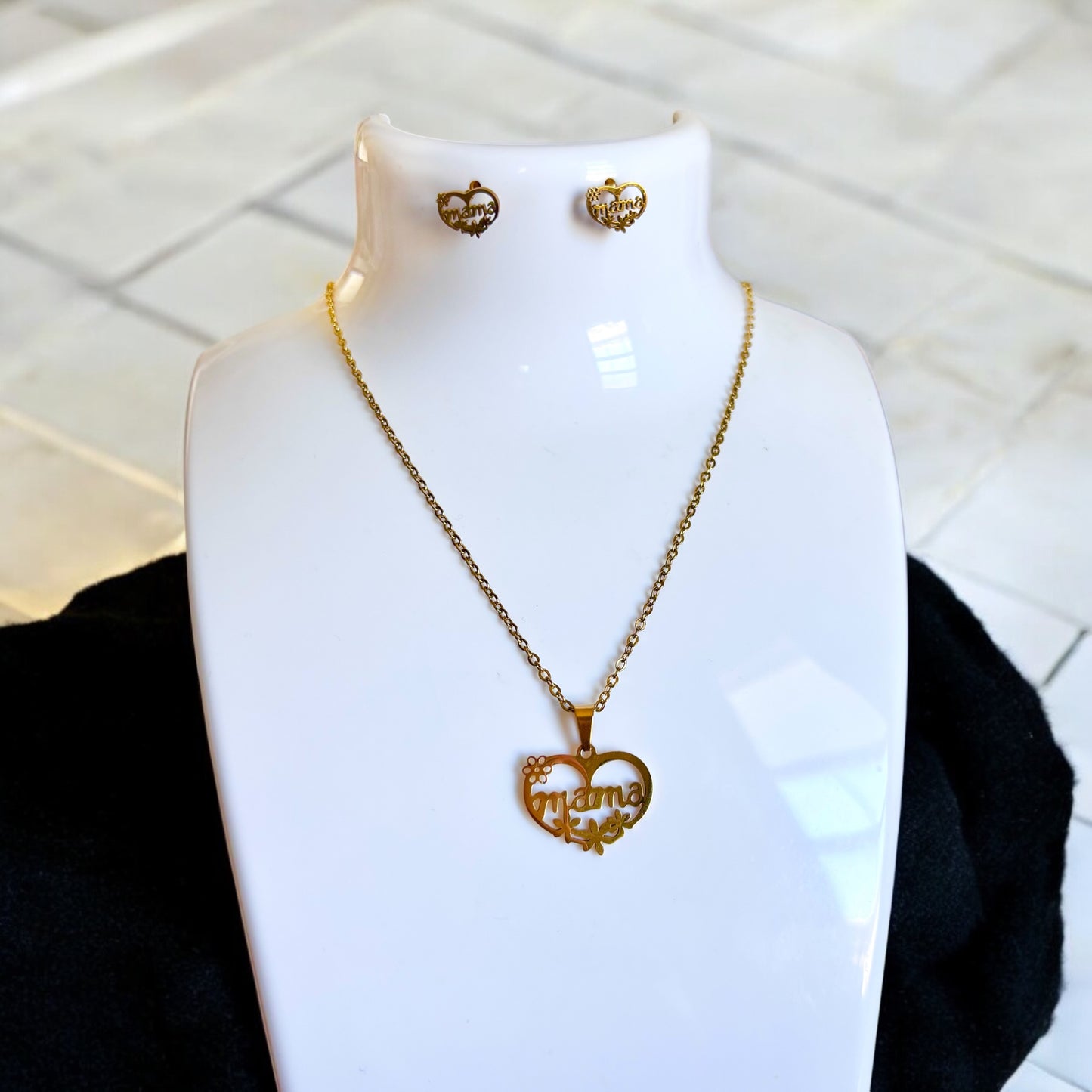 Conjunto de collar y pendientes con colgante de flor de rosa y corazón de amor de mamá en acero inoxidable