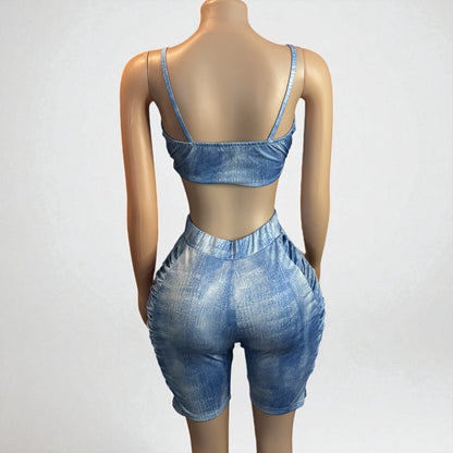High-waisted Two Piece Blue Short Set