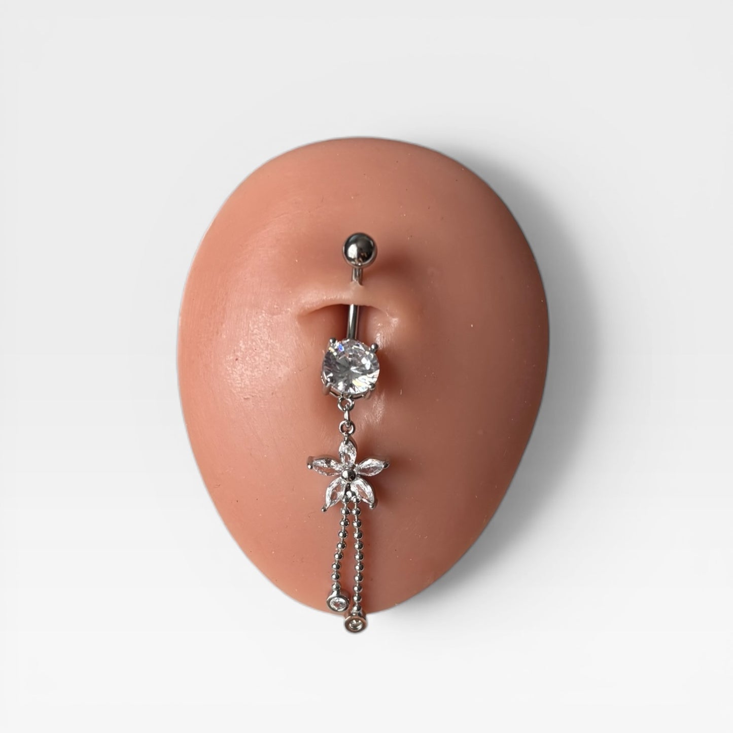 Silver Crystal Flower Dangle Belly Ring