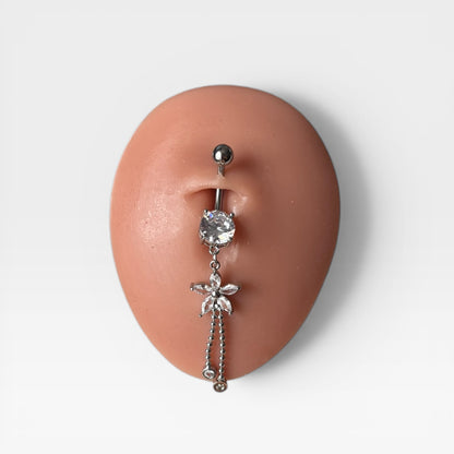 Silver Crystal Flower Dangle Belly Ring