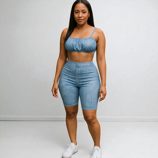 High-waisted Two Piece Blue Short Set