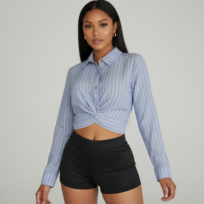 Blue Striped Button Down Crop Top