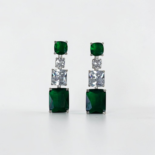 Omayra Boutique emerald green and silver drop earrings featuring square and rectangular cut stones in copper setting
