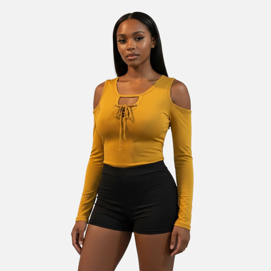 Off Shoulder Solid Mustard Women Top