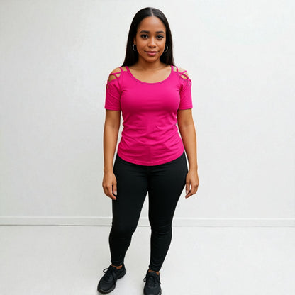 Solid Off Shoulder Top With Strappy Cut Sleeve