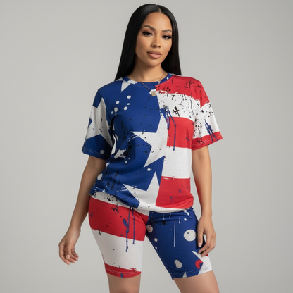Conjunto de dos piezas de pantalones cortos con estampado de bandera estadounidense para mujer