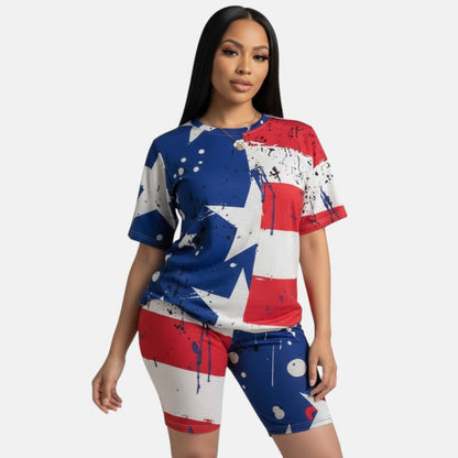 Conjunto de dos piezas de pantalones cortos con estampado de bandera estadounidense para mujer