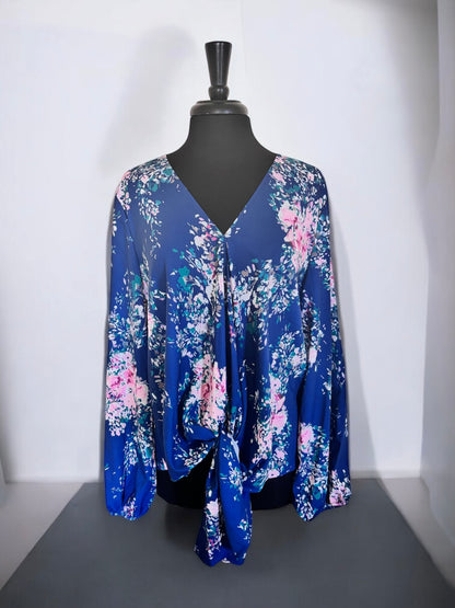Blusa informal con cuello en V y lazo frontal con estampado floral para mujer