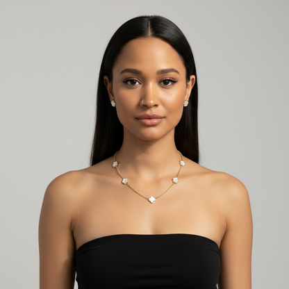 Gold & White Clover Necklace & Stud Earrings Set