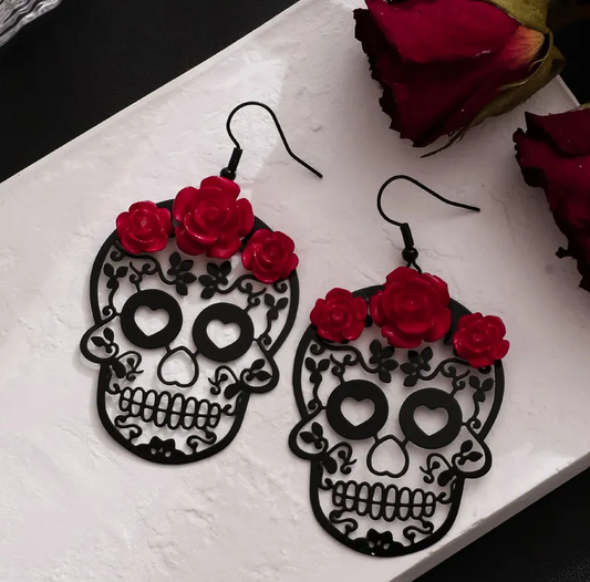 Red Roses Skull Head Drop Earrings