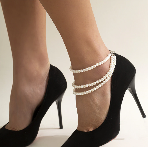 Tobilleras con cadena de perlas y borlas de varias capas