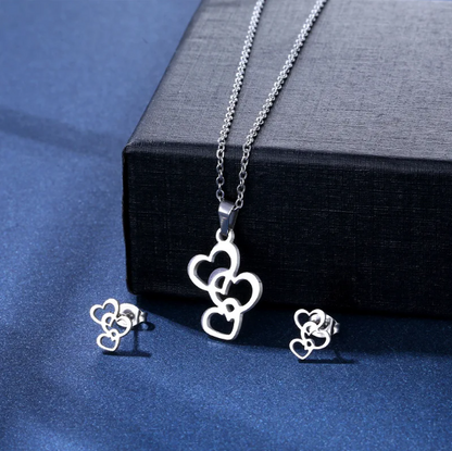 Stainless Steel Triple Heart Necklace & Earring Set