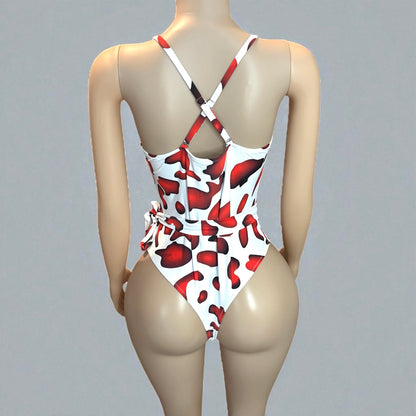 Red and White High Cut Women One-piece With Sash