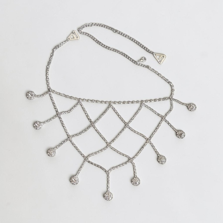 Omayra Boutique silver mesh shoulder chain featuring sparkling rhinestones and delicate dangling accents