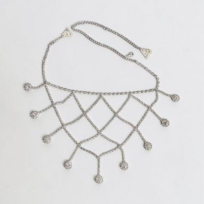 Omayra Boutique silver mesh shoulder chain featuring sparkling rhinestones and delicate dangling accents