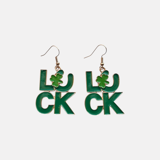 Omayra Boutique green and gold-tone Luck shamrock drop earrings for St. Patrick's Day.