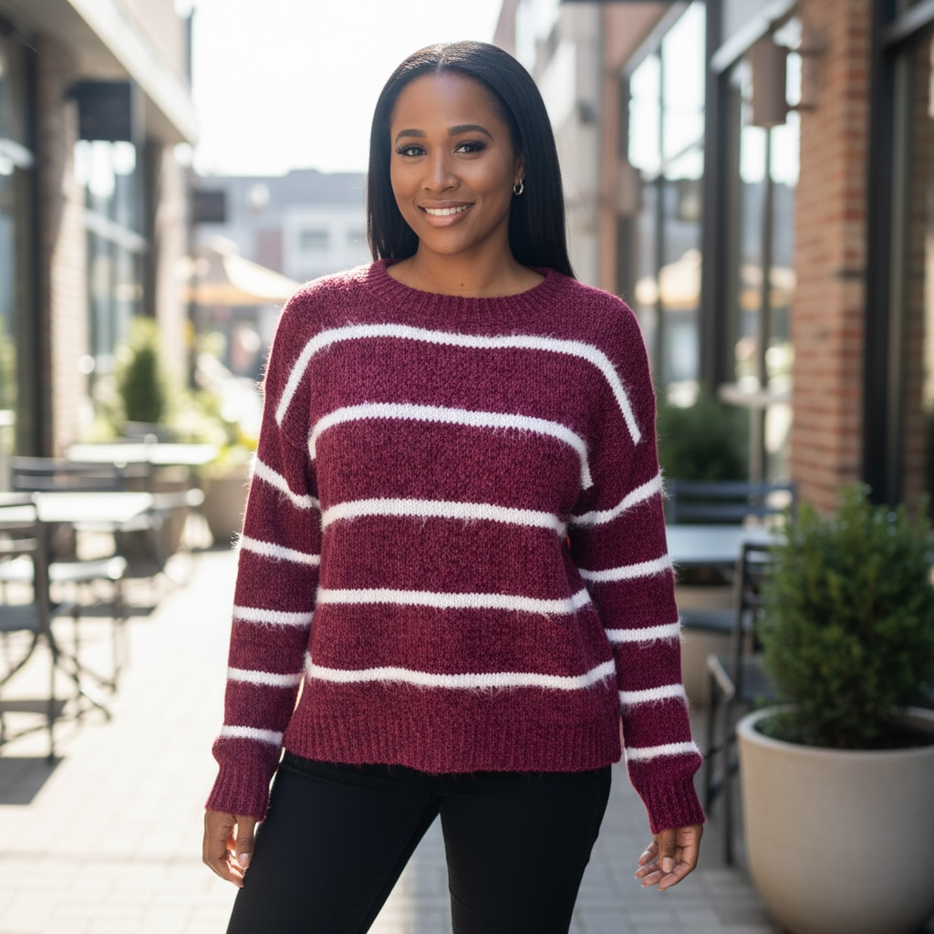 Striped Burgundy Long Sleeve Knit Sweater