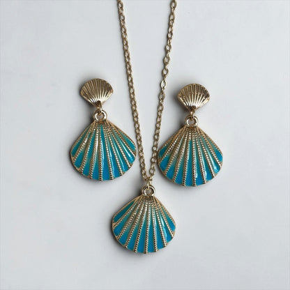 Beach Shell Gold & Turquoise Necklace and Earrings Set
