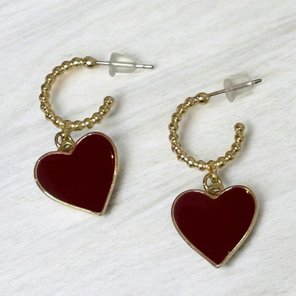 Chic Gold & Burgundy Heart Hoop Earrings