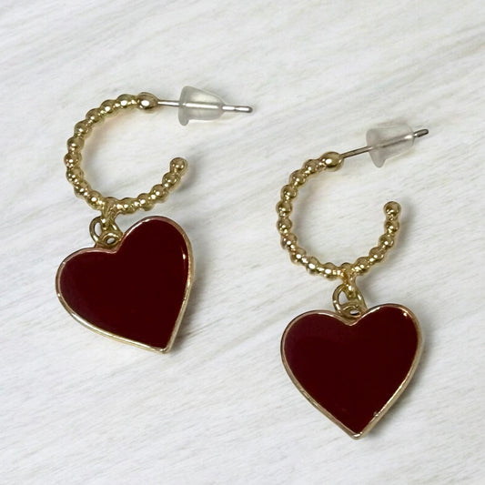 Chic Gold & Burgundy Heart Hoop Earrings