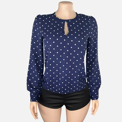Navy Polka Dot Keyhole Long Sleeve Blouse