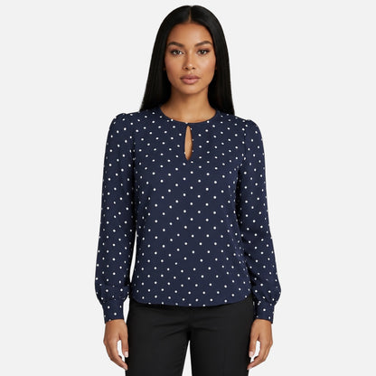 Navy Polka Dot Keyhole Long Sleeve Blouse