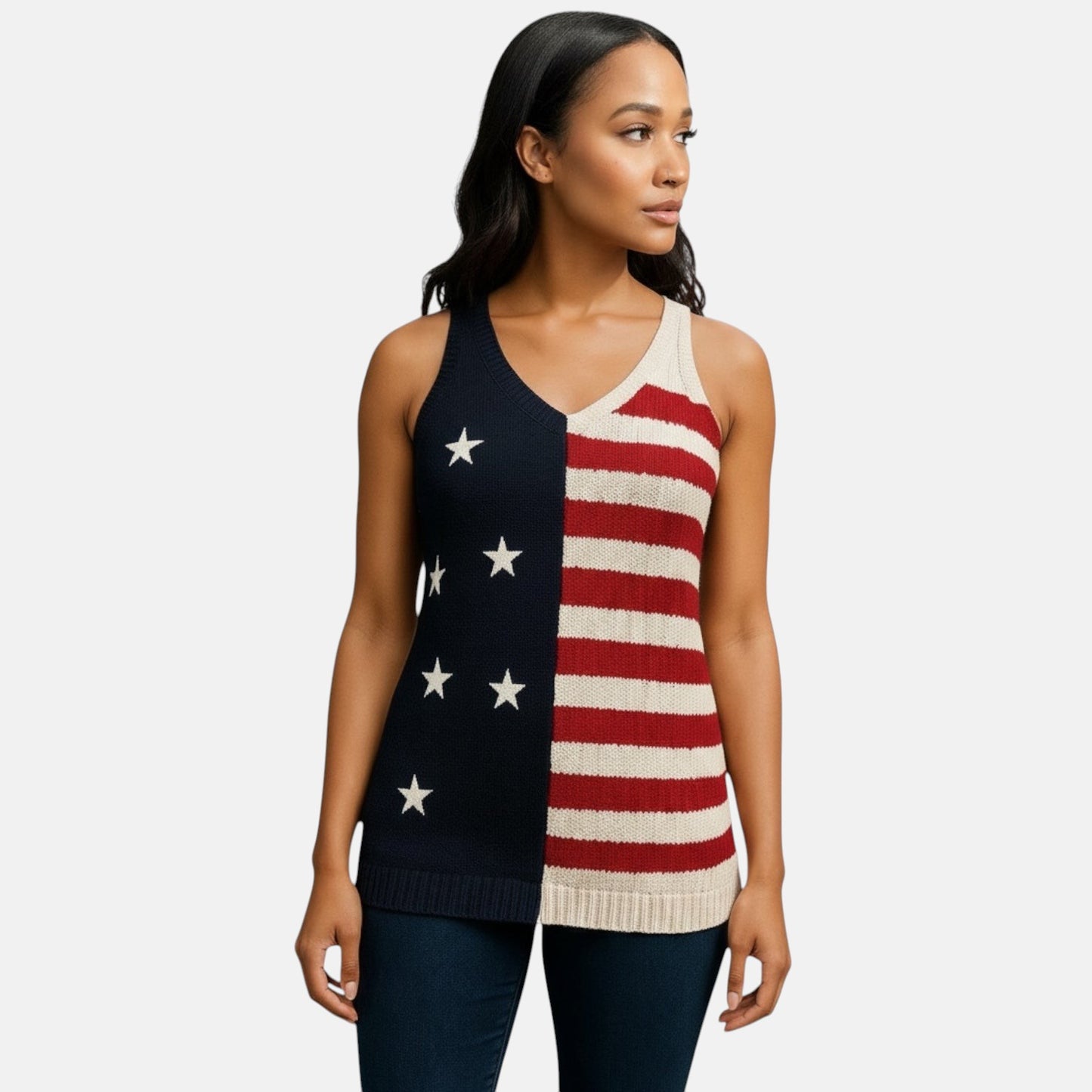 Camiseta de punto con estampado de bandera de estrellas y rayas rojas