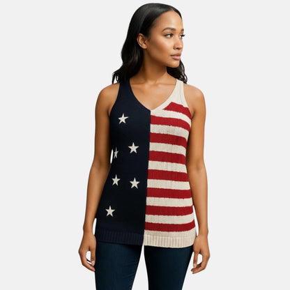 Camiseta de punto con estampado de bandera de estrellas y rayas rojas