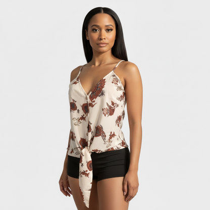 Camiseta sin mangas con estampado floral y lazo para mujer