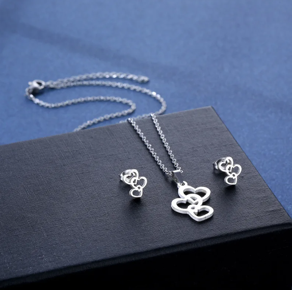 Stainless Steel Triple Heart Necklace & Earring Set