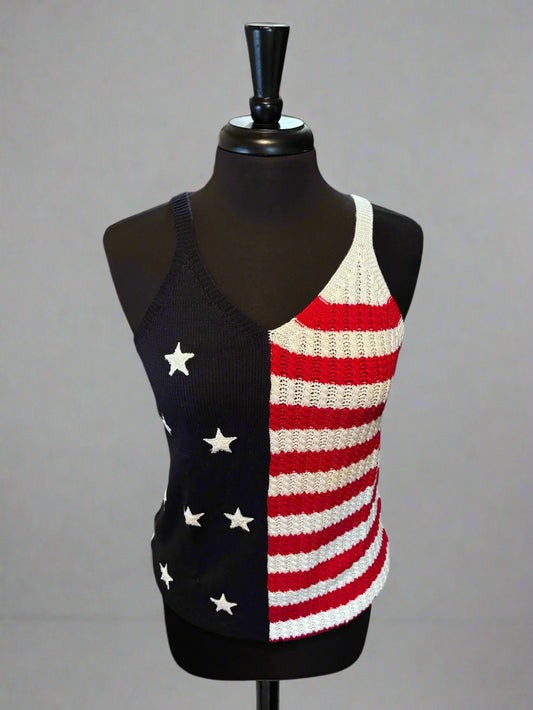Camiseta de punto con estampado de bandera de estrellas y rayas rojas