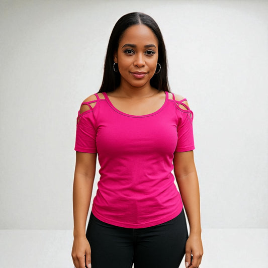 Solid Off Shoulder Top With Strappy Cut Sleeve