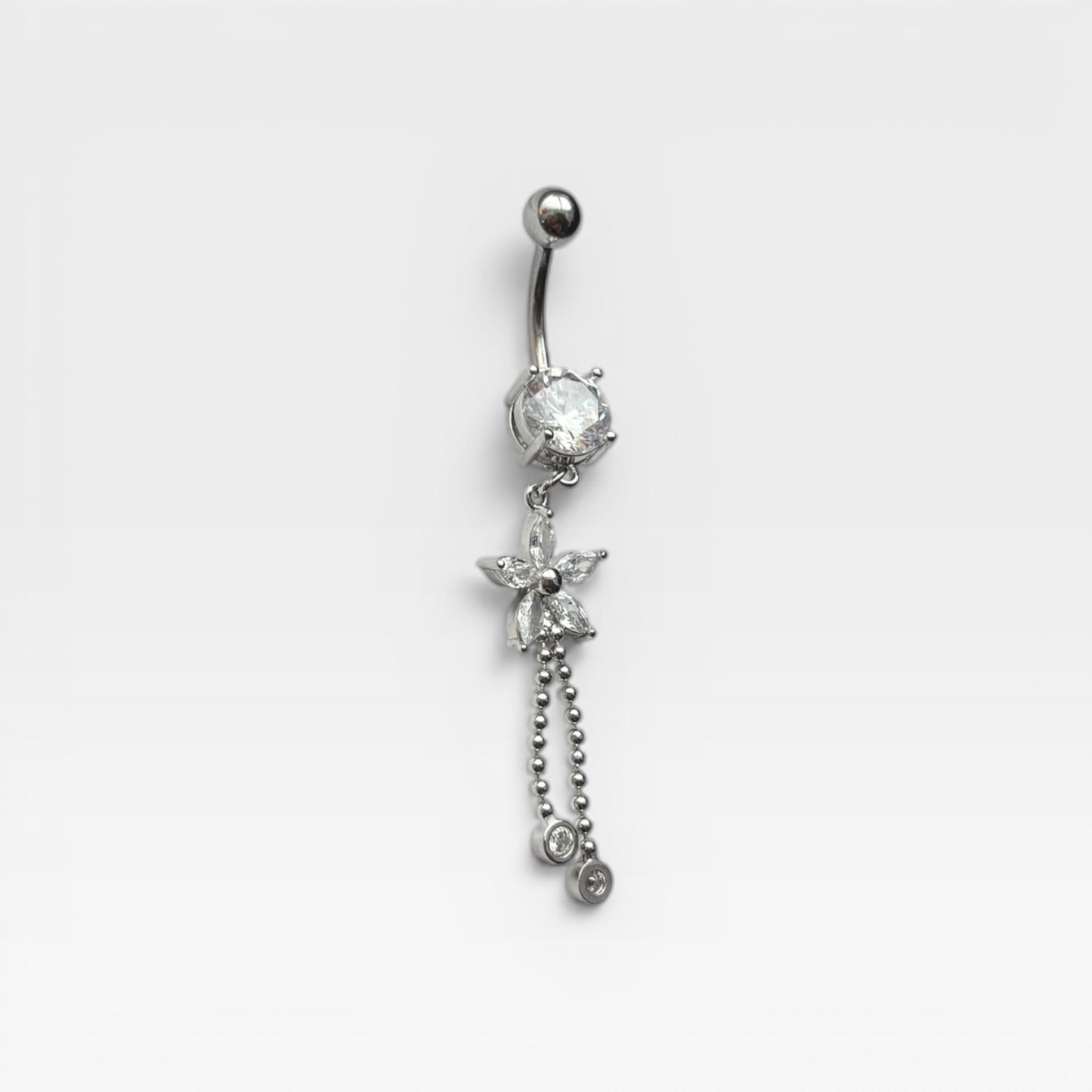Silver Crystal Flower Dangle Belly Ring