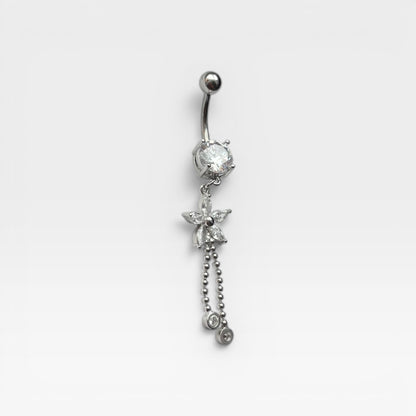 Silver Crystal Flower Dangle Belly Ring
