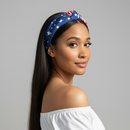 Diadema ancha con lazo y bandera estadounidense multicolor