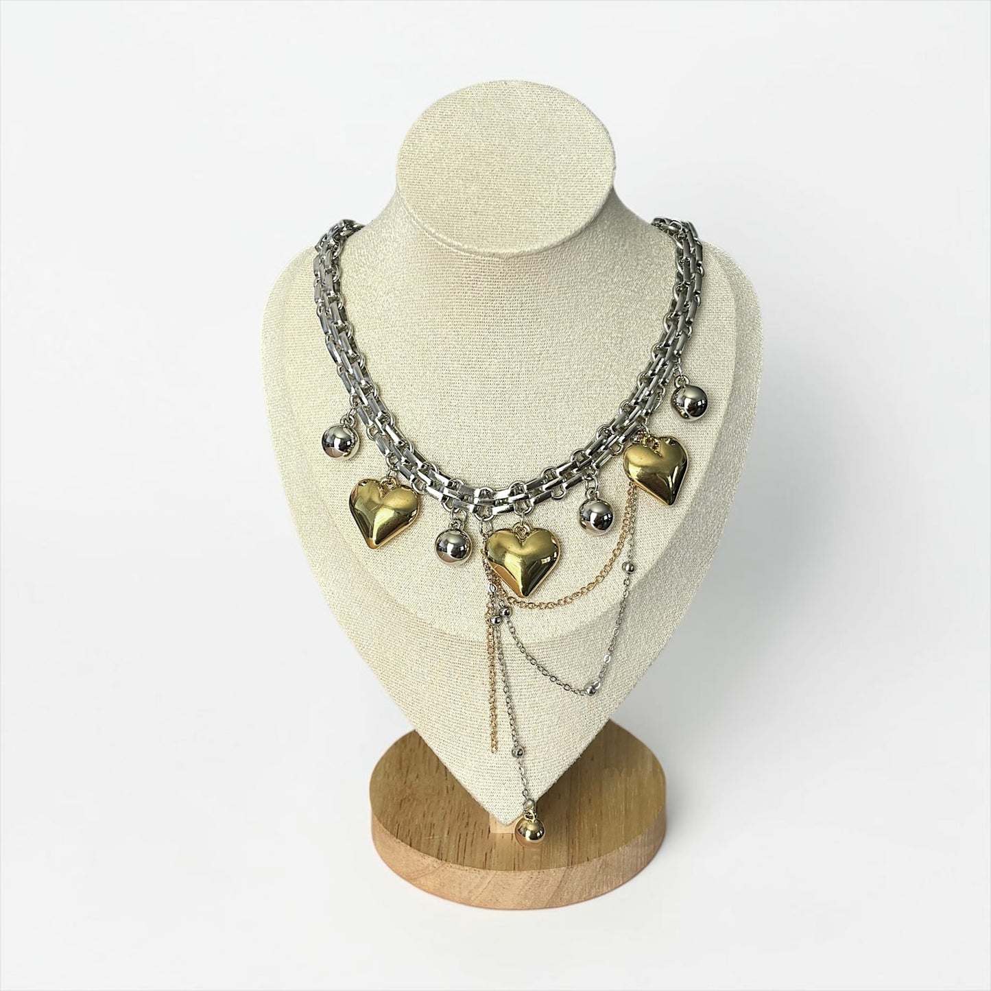 Two-Tone Layered Heart Charm Statement Necklace