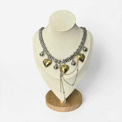 Two-Tone Layered Heart Charm Statement Necklace