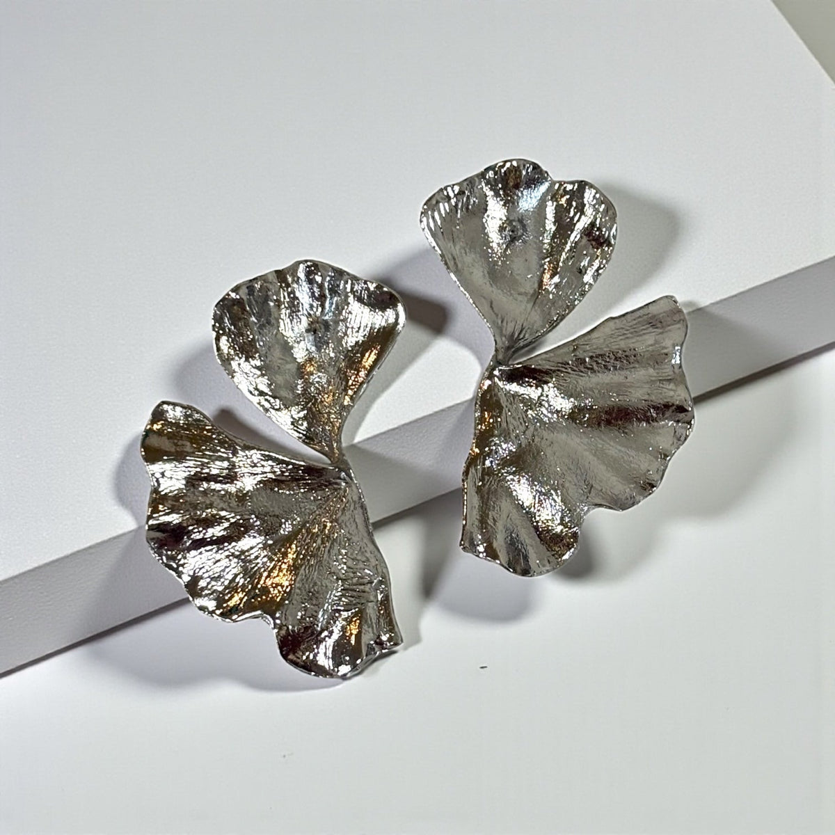 Silver Ginkgo Leaf Statement Drop Earrings