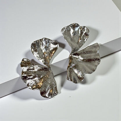Silver Ginkgo Leaf Statement Drop Earrings