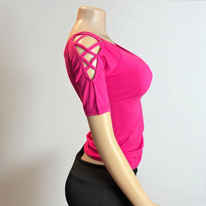 Solid Off Shoulder Top With Strappy Cut Sleeve