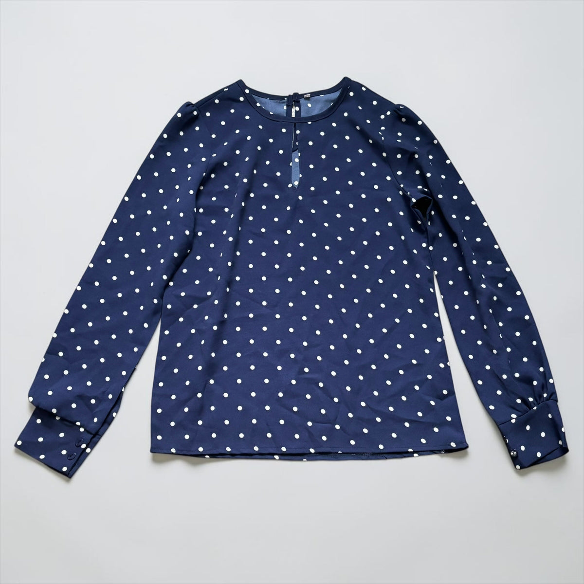 Navy Polka Dot Keyhole Long Sleeve Blouse