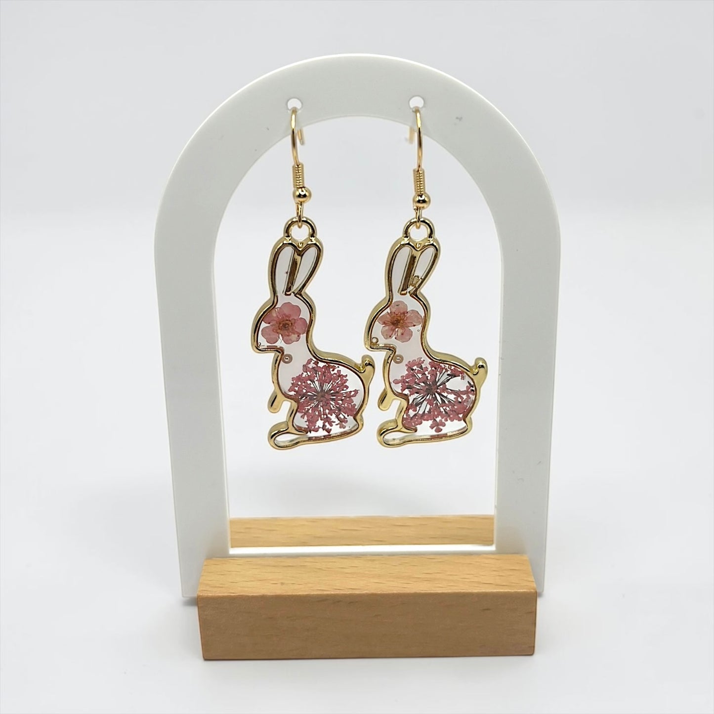Clear Bunny Earrings with Pink Flower & Gold Detail