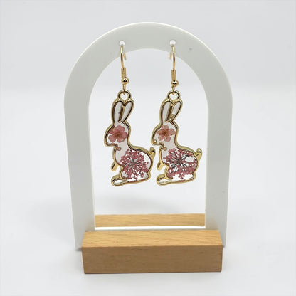 Clear Bunny Earrings with Pink Flower & Gold Detail