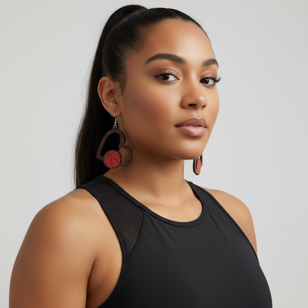 Heart Basketball Wood Earring