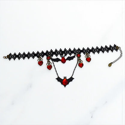 Halloween Bat Choker Necklace with Red Gem Accents